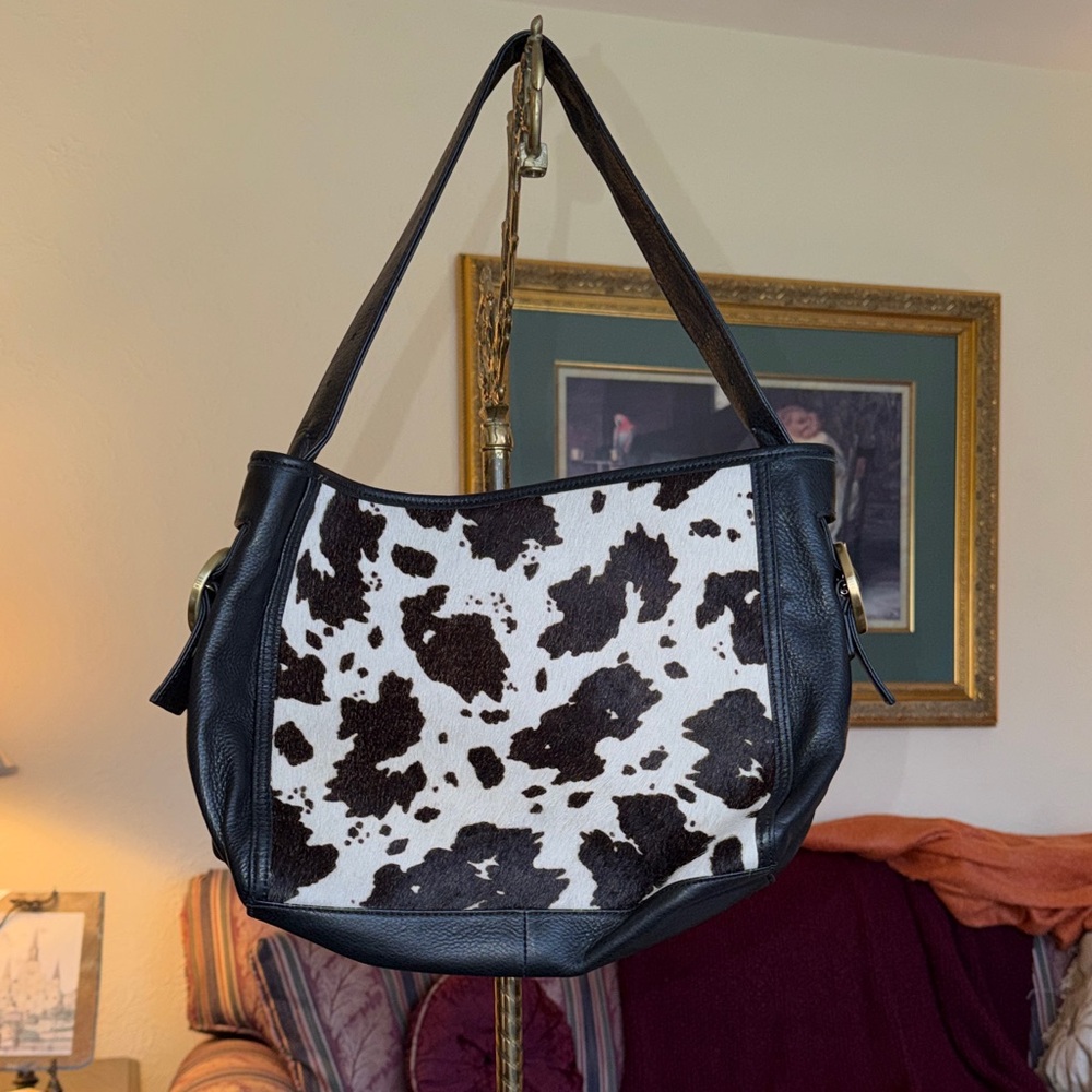 HOBO Black and White Cow Print Shoulder Bag